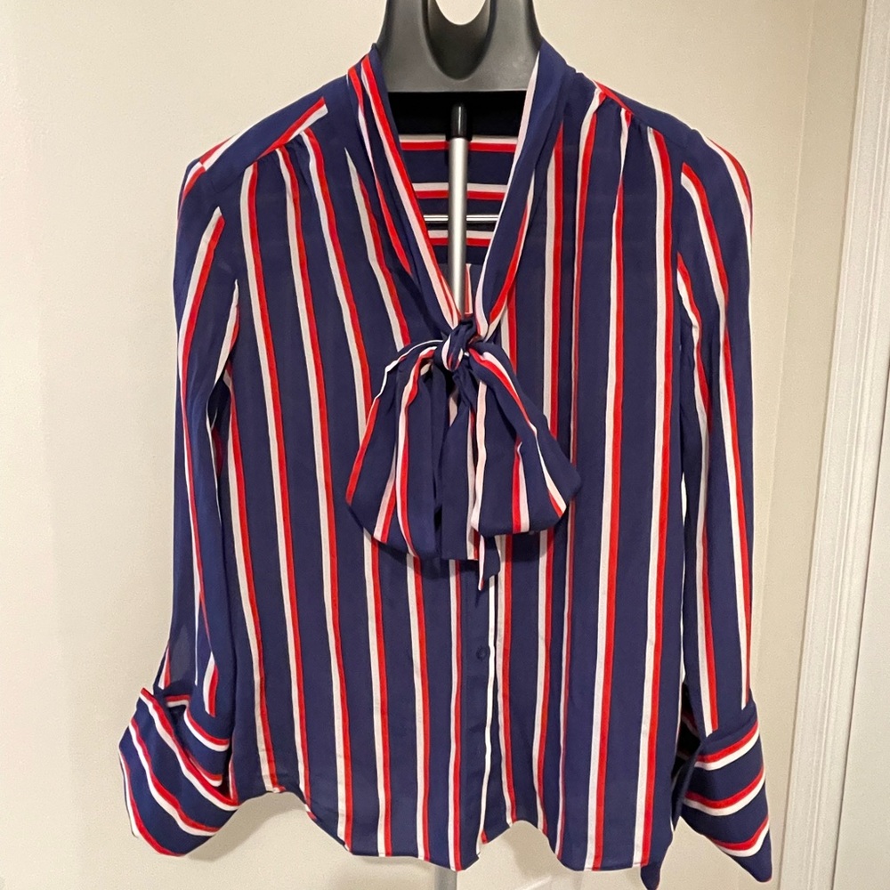 Alice + Olivia 100% silk, Striped Navy and Red Women's Top